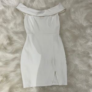 White off the shoulder mini dress with slit